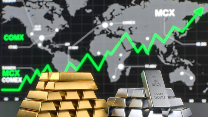 gold-silver-prices-surge-mc Gold and silver bars displayed with MCX price charts amid global market volatility