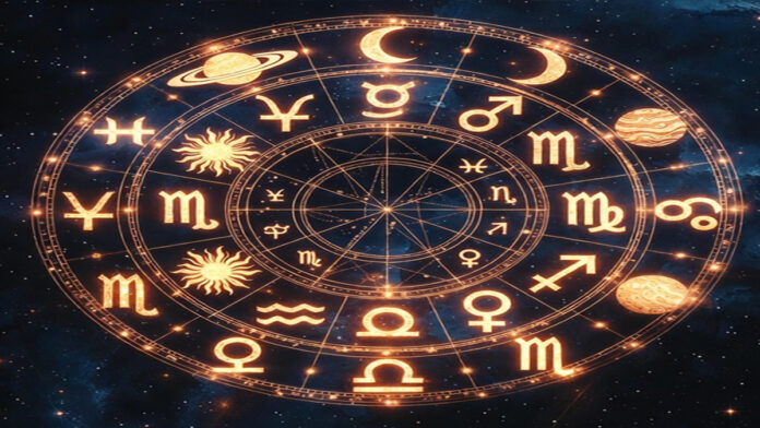 horoscope-january-8-2026-pu Zodiac wheel and planetary symbols representing daily horoscope predictions
