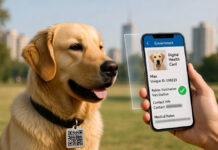 India’s Metro Cities Push for Mandatory Digital Health Cards for Pets: QR Codes to Track Vaccinations & Owner Details Dog wearing collar with QR code being scanned by smartphone showing digital pet health card with vaccination records
