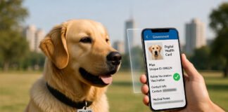 Dog wearing collar with QR code being scanned by smartphone showing digital pet health card with vaccination records