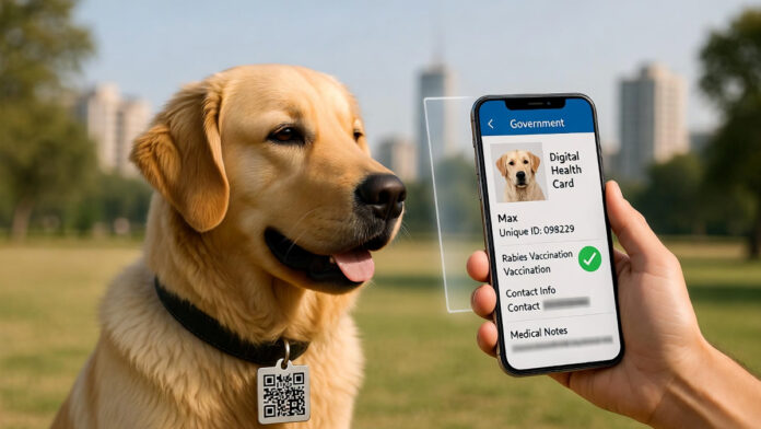 india-digital-pet-health-ca Dog wearing collar with QR code being scanned by smartphone showing digital pet health card with vaccination records