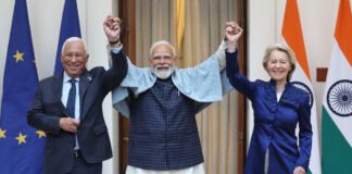 Prime Minister Narendra Modi with European Union leaders during India-EU FTA announcement