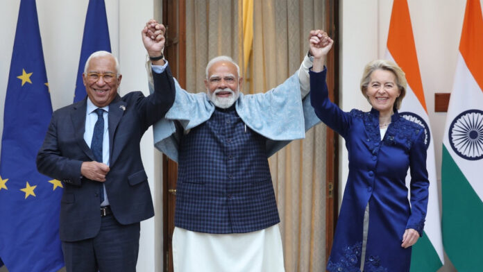 india-eu-fta-pm-modi-ursula Prime Minister Narendra Modi with European Union leaders during India-EU FTA announcement