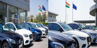 European cars at a dealership in India as India and EU near historic trade deal on car import duty