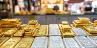 Gold and silver bars displayed at an Indian bullion market amid rising prices