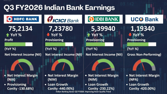 indian-banks-q3-fy2026-earn Infographic showing Q3 FY2026 profit comparison and NPA trends for HDFC Bank, ICICI Bank, IDBI Bank and UCO Bank