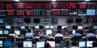 Indian stock market screens showing Sensex and Nifty falling amid heavy selling