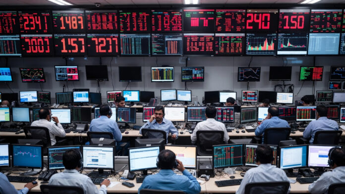 indian-stock-market-sensex- Indian stock market screens showing Sensex and Nifty falling amid heavy selling