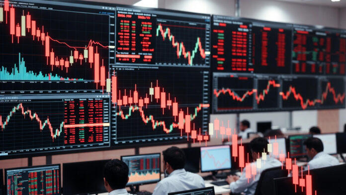 indian-stock-market-sensex- Indian stock market screens showing Sensex and Nifty trading in the red