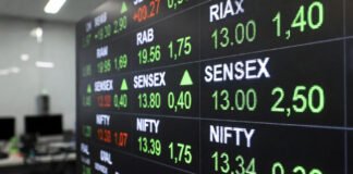 Indian stock market opening bell with Sensex and Nifty trading higher