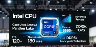 Intel Core Ultra Series 3 Panther Lake CPU showcased at CES 2026 with gaming performance graphics