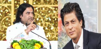 Spiritual leader Devkinandan Thakur speaking at a religious event as Kolkata Knight Riders face controversy over signing a Bangladeshi cricketer.