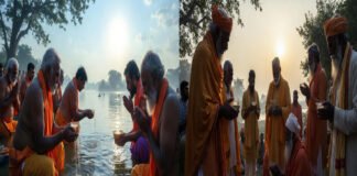 Devotees performing holy bath and Surya puja on Makar Sankranti 2026 as the Sun enters Capricorn.