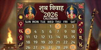 Marriage Muhurat 2026 calendar showing auspicious Hindu wedding dates and Guru Shukra Uday timings