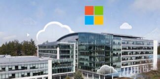 Microsoft headquarters in Redmond with cloud and AI technology visuals