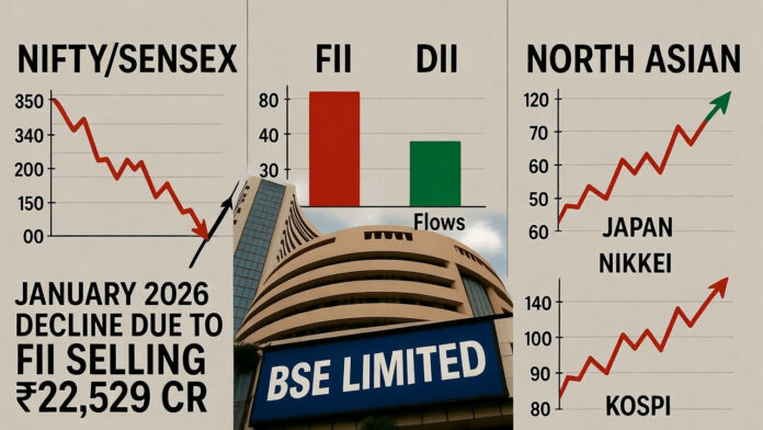 nifty-sensex-decline-fii-se Nifty and Sensex decline chart showing Indian stock market fall due to FII heavy selling in January 2026