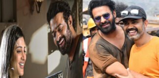 Prabhas and Shruti Haasan smiling while looking at phone in official Salaar 2 Instagram teaser post for Shruti Haasan birthday