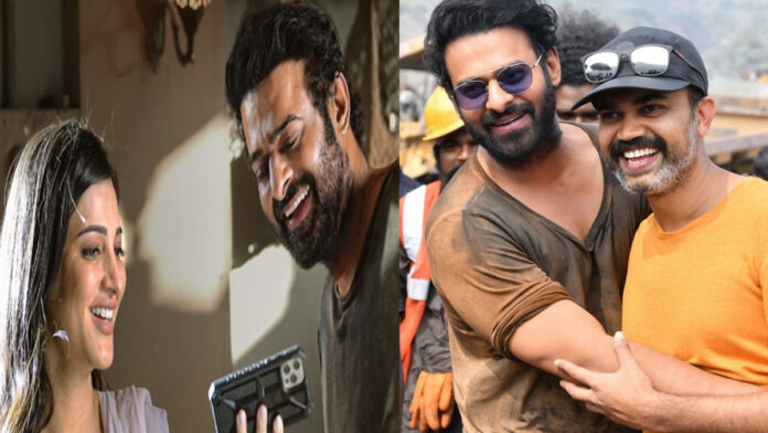 Prabhas and Shruti Haasan smiling while looking at phone in official Salaar 2 Instagram teaser post for Shruti Haasan birthday