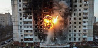 Damaged apartment buildings in Kyiv after Russian missile and drone strikes