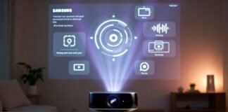 Samsung Freestyle+ AI projector projecting video on a ceiling at CES 2026
