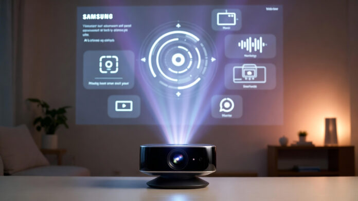 samsung-freestyle-plus-ai-p Samsung Freestyle+ AI projector projecting video on a ceiling at CES 2026