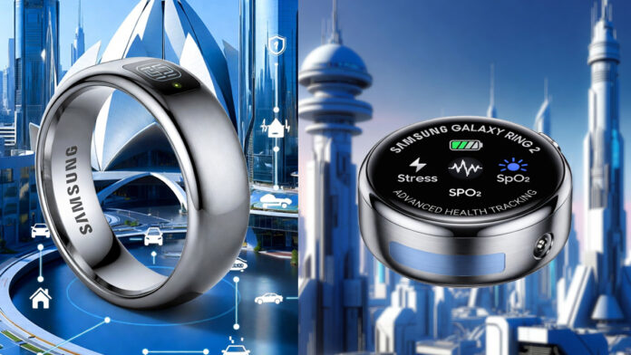 samsung-galaxy-ring-2-india Samsung Galaxy Ring 2 titanium smart ring on finger displaying health metrics and smart home control icons