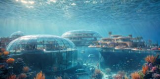 Conceptual rendering of NEOM Water Village underwater luxury settlement in Red Sea with marine life visible