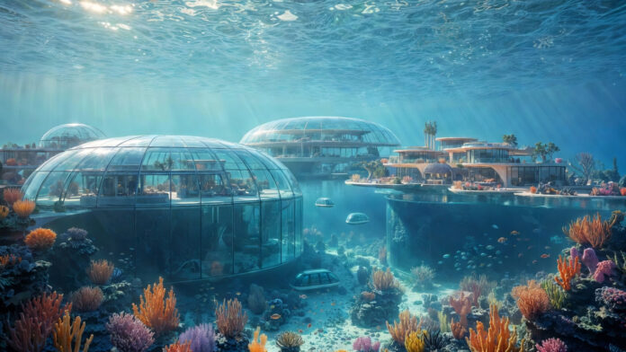 saudi-arabia-neom-water-vil Conceptual rendering of NEOM Water Village underwater luxury settlement in Red Sea with marine life visible