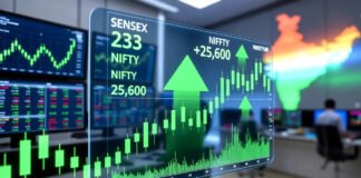 Indian stock market screen showing Sensex and Nifty closing higher