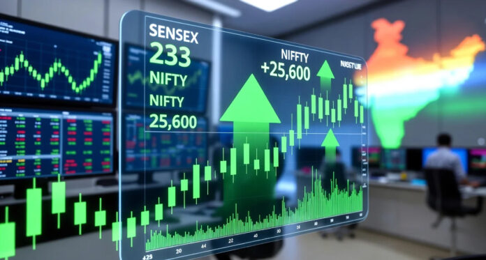 sensex-nifty-closing-bell-m Indian stock market screen showing Sensex and Nifty closing higher