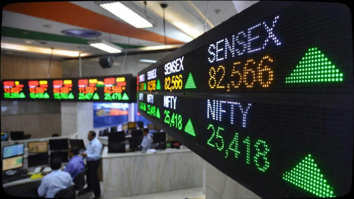sensex-nifty-closing-higher BSE Sensex and Nifty indices showing green upward arrows on digital display board at Bombay Stock Exchange