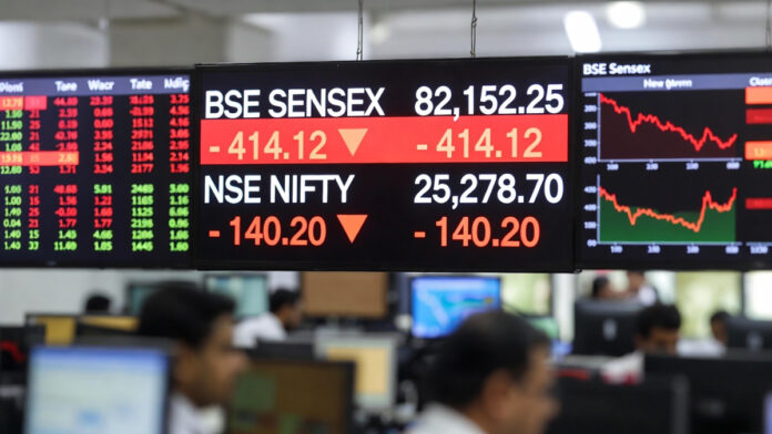 sensex-nifty-opening-lower- BSE Sensex and NSE Nifty indices in red showing decline at market open