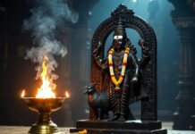Saturn Retrograde July 2026: Aries, Cancer, Capricorn Set for Major Gains – Astrologer Insights Lord Shani idol with glowing oil lamp during Saturn retrograde period in Vedic astrology