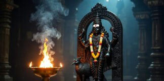 Lord Shani idol with glowing oil lamp during Saturn retrograde period in Vedic astrology