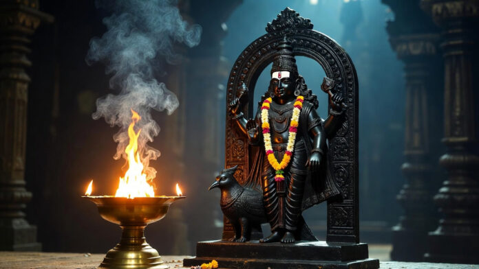 shani-vakri-july-2026-lord- Lord Shani idol with glowing oil lamp during Saturn retrograde period in Vedic astrology