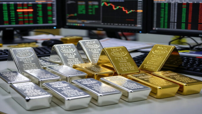 silver-gold-prices-mcx-reco Silver and gold bars displayed with MCX market charts showing price volatility