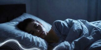 Person practicing modern sleep hygiene with smart lighting and calm bedroom setup