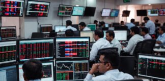 Indian stock market screens showing volatility ahead of Union Budget