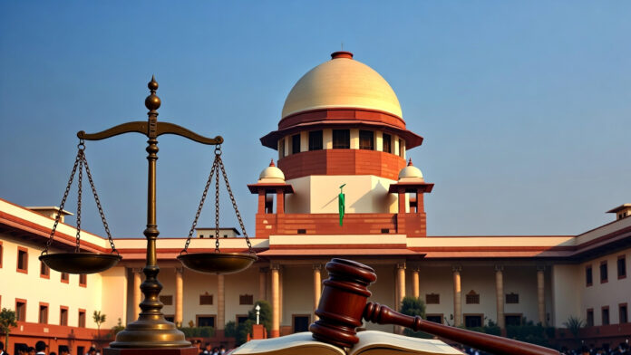 supreme-court-bail-denial-d Supreme Court of India building with gavel and scales of justice, symbolizing bail denial in Delhi riots case on January 5, 2026.