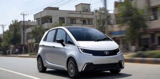 Concept image of Tata Nano electric car in a modern city setting