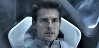 Tom Cruise performing a spacewalk during filming aboard the International Space Station
