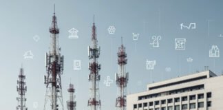 TRAI headquarters with telecom towers and financial market symbols