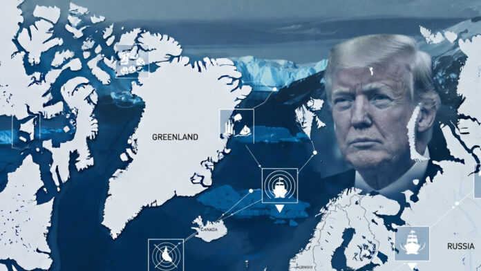 trump-greenland-geopolitics Donald Trump and Greenland map highlighting US strategic interest in the Arctic region