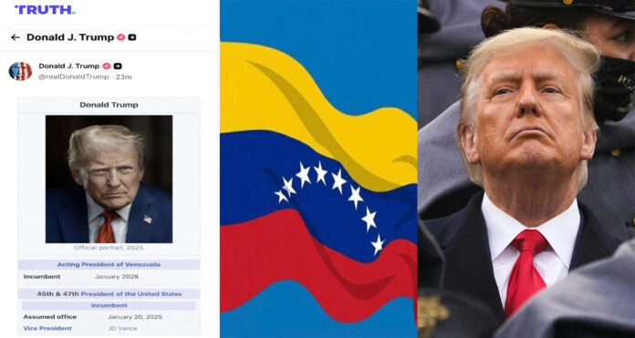 trump-truth-social-acting-p Donald Trump Truth Social post edited Wikipedia page as Acting President of Venezuela