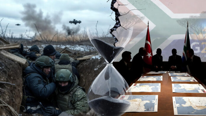 ukraine-russia-war-donbas-t Ukraine-Russia war 2026 frontline: Soldiers in Donbas trenches amid drone strikes, with overlaid peace talk symbols from Vatican and G20 summits.