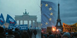 Political unrest in Germany and France 2026: Protesters wave AfD and National Rally flags amid EU crisis in Berlin and Paris streets.