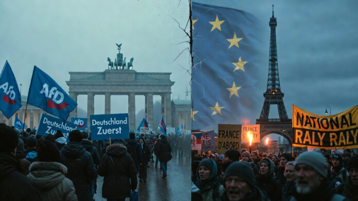 urope-far-right-protests-ge Political unrest in Germany and France 2026: Protesters wave AfD and National Rally flags amid EU crisis in Berlin and Paris streets.