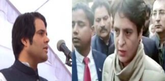 A conceptual political image showing Priyanka Gandhi and Varun Gandhi in a neutral meeting context.
