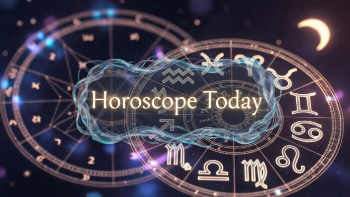 Daily-Horoscope-February-13 Zodiac wheel illustration with Vedic astrology chart and moon sign symbols for February 13, 2026 daily horoscope.