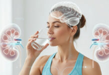 Not Just Thirst: How Drinking Too Little Water Can Harm Your Brain, Kidneys, and Energy Levels A healthy adult drinking water with a transparent overlay graphic showing hydration benefits for the brain and kidneys.